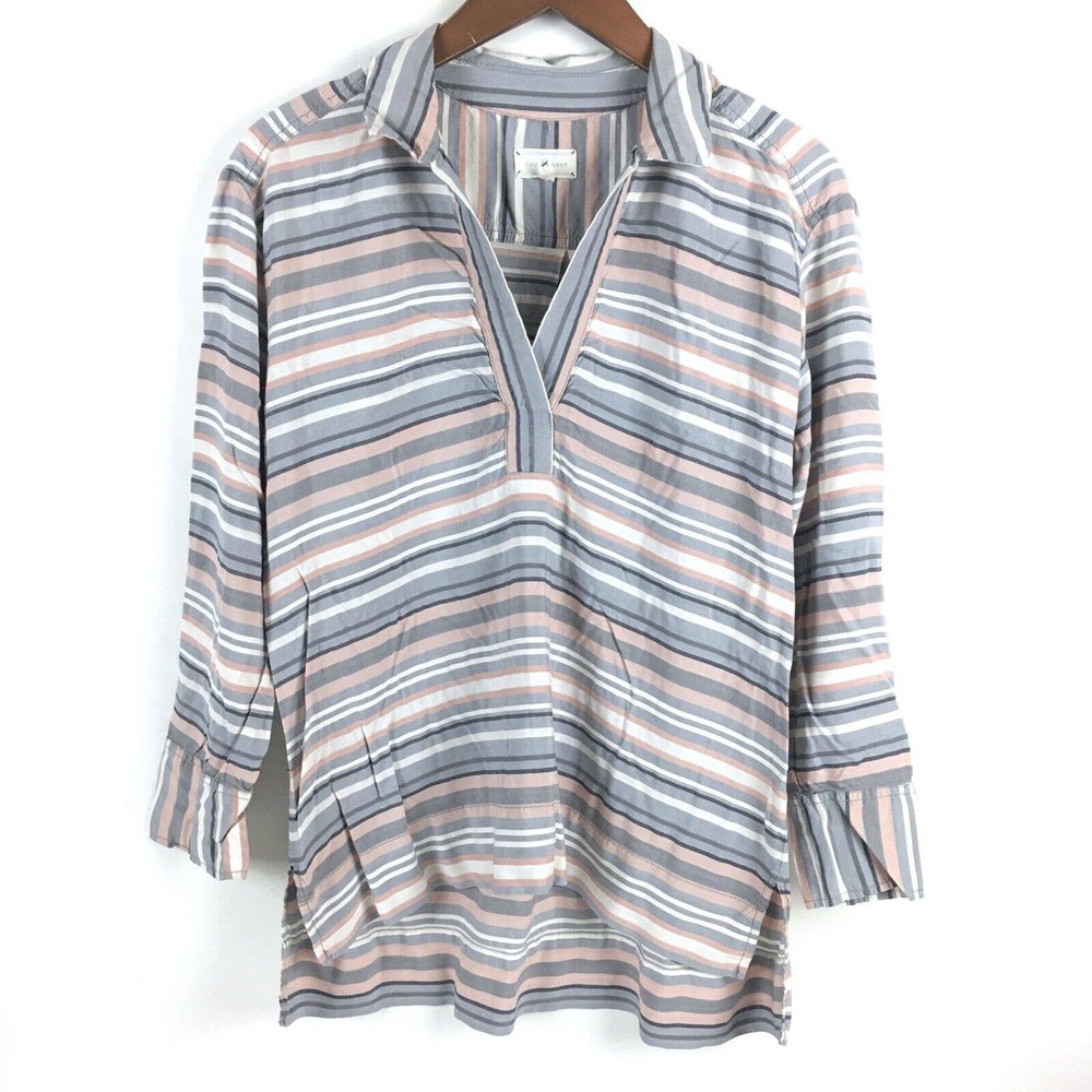 Lou & Grey Womens Top Small Gray Pink Striped Tunic Blouse Rayon Collared V-Neck